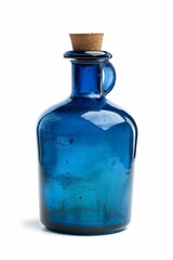 Blue Glass Bottle with Cork Stopper Isolated on White Background
