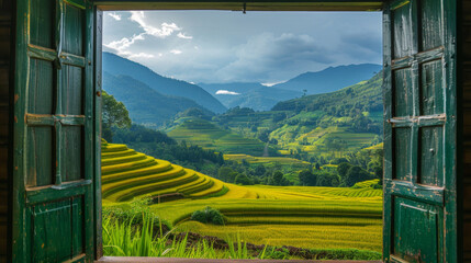 Fototapeta premium Breathtaking View of Rice Terraces from Rustic Wooden Window