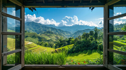 Fototapeta premium Breathtaking View of Rice Terraces from Rustic Wooden Window