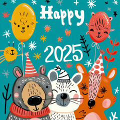 Cute Animal Friends Celebrating New Year 2025