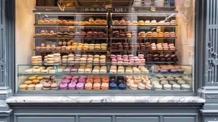 Colorful Macarons Displayed in a Bakery Shop Window