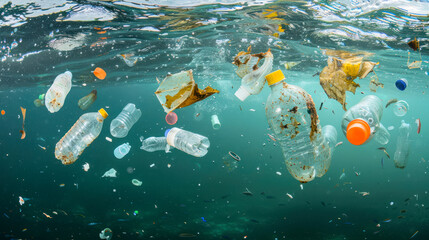 Plastic trash submerged in sea water
