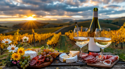 Food platter and wine served outdoors on vineyard, decorated with field flowers, autumn scene