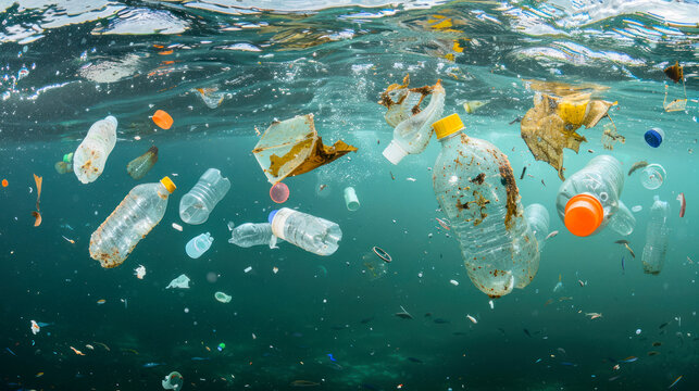 Plastic trash submerged in sea water