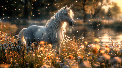 White unicorn near the lake, sunrise