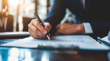 Detail of a businessman's hand holding a pen, underlining key points on a document during a crucial business negotiation.