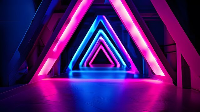 Abstract ultraviolet neon-lit tunnel with a triangular corridor formed by glowing lines in vibrant hues, creating a futuristic and immersive visual experience