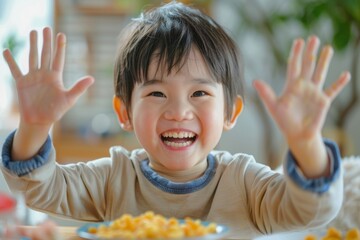 A young joyful boy delighted to start his day breakfast. Energetic child loves his breakfast time filled joy and fun. The beauty of innocence and happiness captured breakfast time.