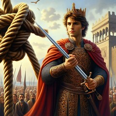 Obraz premium Alexander the Great, dressed in ornate armor, slices through Gordian Knot, a complex bundle of ropes, with his sword. Spectators with awe and anticipation. Pivotal moment in history. Generative AI