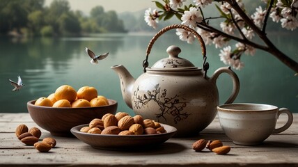 peaceful still life with a wooden table, a rustic tea set, and bowls of fruits and nuts. A floral-patterned ceramic teapot with a wicker handle.