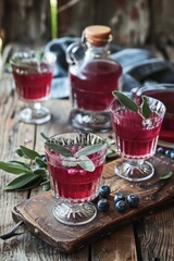 Vibrant Berry Cocktails with Fresh Mint Garnish on Moody Tabletop. Blueberry, Gin and Sage Punch