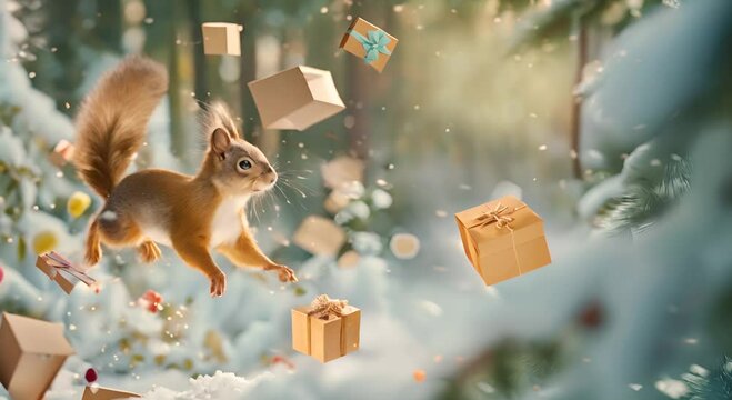 Squirrel leaping through a snowy forest, surrounded by floating gift boxes decorated with ribbons and bows. Squirrel in winter wonderland with snow and gift boxes gently falling.