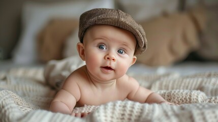 Cute baby with blue eyes wearing a cap lying on plaid blanket. Studio baby portrait