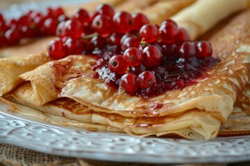 Stack of crepes topped with red currants and powdered sugar on a grey plate.