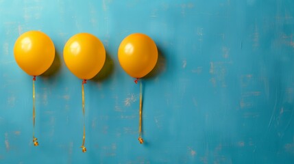 Yellow balloons against blue background. Studio photography with copy space