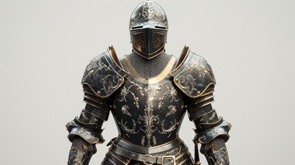 Medieval Knight in Full Armor Standing Against Neutral Background
