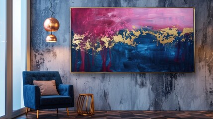 Modern Living Room with Pink Wall Art and Green Sofa