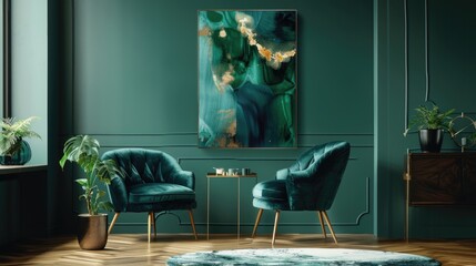 Elegant Emerald Green Living Room with Modern Velvet Chairs
