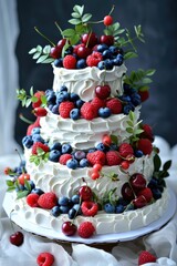 Elegant Tiered Cake Adorned with Fresh Berries and Cream