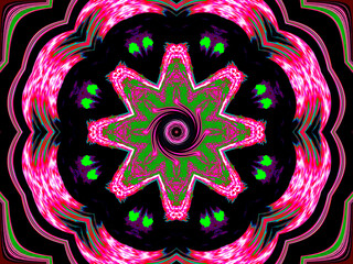 A vibrant, symmetrical pattern features a central star-like shape with neon green, pink, and black accents, creating an eye-catching kaleidoscopic effect. 