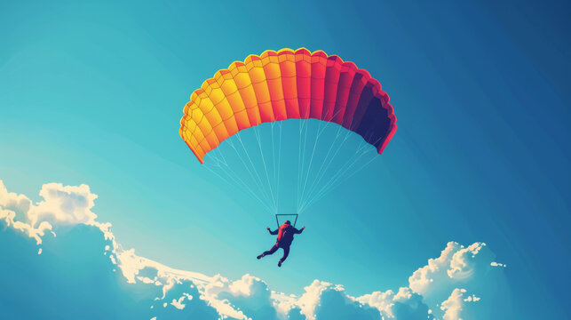A parachutist in mid-air with an orange parachute, gliding through a bright blue sky with scattered clouds.