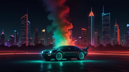 This digital artwork shows a sporty, black sports automobile with blue and green neon underglow lights. The car is positioned on a wet, shiny surface in the centre of the frame, and a colourful cloud.