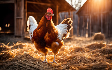 A chicken in a rustic farm setting, with a wooden coop and straw-covered ground under warm sunlight