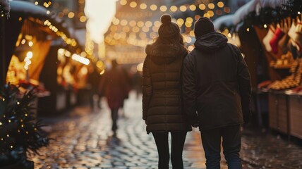 Obraz premium Couple strolls through festive market adorned with twinkling lights and holiday stalls