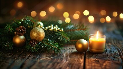 Festive candlelit Christmas decoration with pine, gold baubles, on rustic wooden table