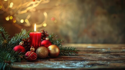 Lit red candle with Christmas ornaments on wooden table
