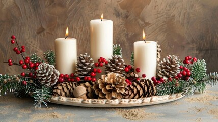 Three lit candles with pinecones, berries, and evergreen branches on decorative plate