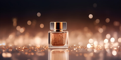 Expensive perfume bottle against soft bokeh light background, soft studio lighting, space for your logo