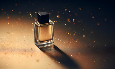 Expensive perfume bottle against soft bokeh light background, soft studio lighting, space for your logo