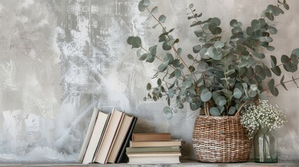 Arrangement of eucalyptus branches books and basket by wall