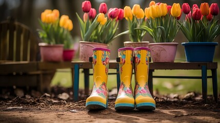 Fototapeta premium Yellow rubber boots surrounded by garden flowers on wooden deck, spring gardening concept