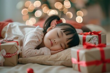 Soft lullaby accompanies girl's restful and cozy slumber. Night of tranquility angelic girl dreams her home. Safe sanctuary of child dreamland representing security and comfort.