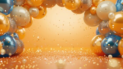 Colorful balloon arch with glittering confetti in festive celebration ambiance