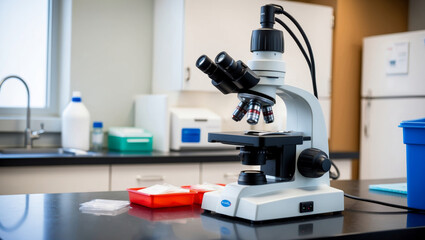 Veterinary Microscope on Lab Counter with Samples
