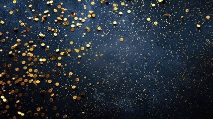 Gold confetti scattered on dark textured surface