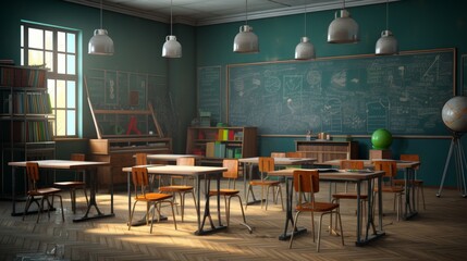 Inviting classroom with math equations on blackboard and wooden stools under abundant natural light