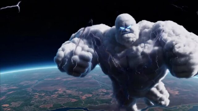 Una nube con forma de hombre dios musculoso con ojos brillantes muestra su furia generando rel&aacute;mpagos y truenos sobre el planeta tierra