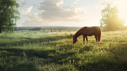 Obraz premium A wide shot of a horse grazing in a field. 