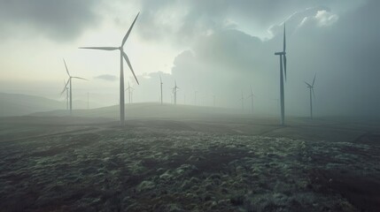 Wind turbines stand tall in a foggy landscape during early morning light