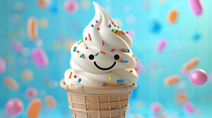Happy Ice Cream Cone with Sprinkles and Blue Background