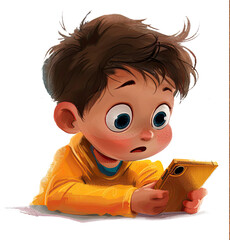 Niño viendo el celular, expresión de sorpresa, medio cuerpo, ropa amarilla, colores cálidos, estilo dibujo animado o caricatura, ilustración, en fondo transparente. 
