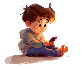 Niño feliz sonriente viendo el celular, cuerpo entero, descalzo, sentado en el suelo, estilo dibujo animado o caricatura, ilustración, en fondo transparente. Colores cálidos