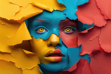 A woman's face painted in yellow, blue, and red is partially hidden behind torn paper of the same colors