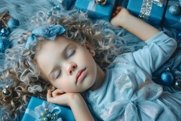 Comforted warmth curly-haired girl enjoys gentle and restful nap. Wrapped quietude young girl soft curls slumbers angelically. Sleep gentle guardian bringing warmth and comfort to youthful repose.