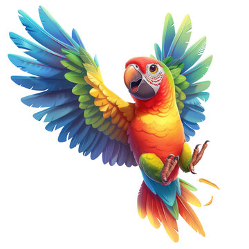 Guacamaya o cotorro colorido, volando con las alas extendidas, illustraci&oacute;n dibujo animado. fondo transparente.