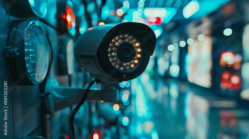 Poster close-up of a surveillance camera in a modern, illuminated environment, representing security and mo